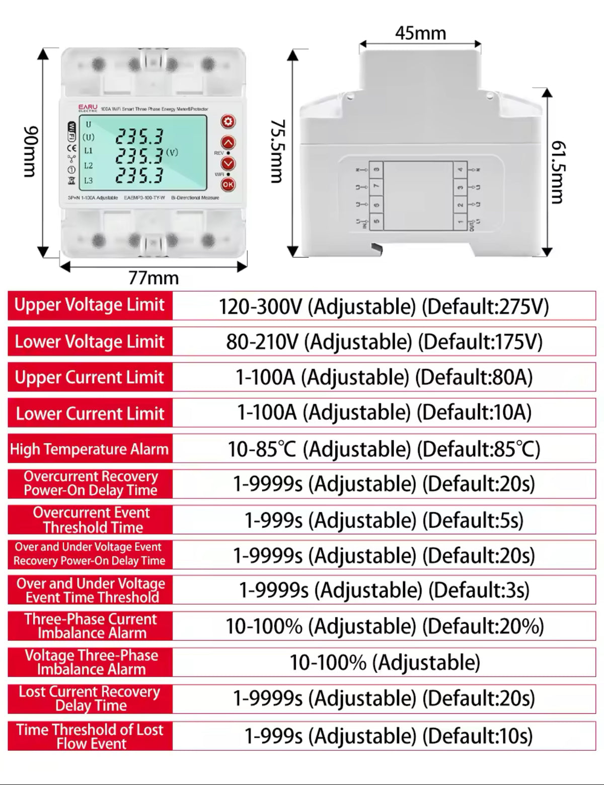 EARU 3-Phase 380V 100A Tuya WiFi Smart Bidirectional Energy Meter