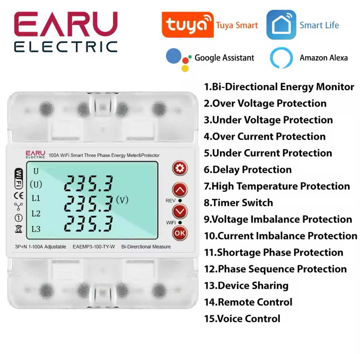 EARU 3-Phase 380V 100A Tuya WiFi Smart Bidirectional Energy Meter