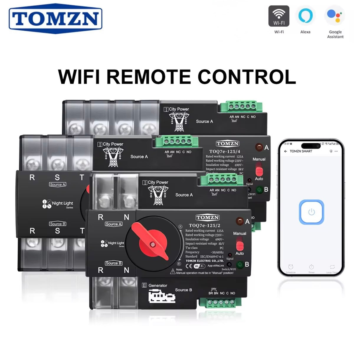 TOMZN TOQ7 ATS Dual Power Auto Transfer Switch 2P/4P 125A