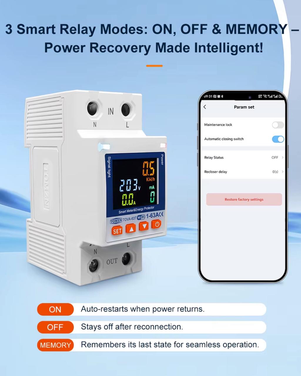 TOMZN TOVA-63T Smart WiFi Breaker 10-in-1 with Memory Relay