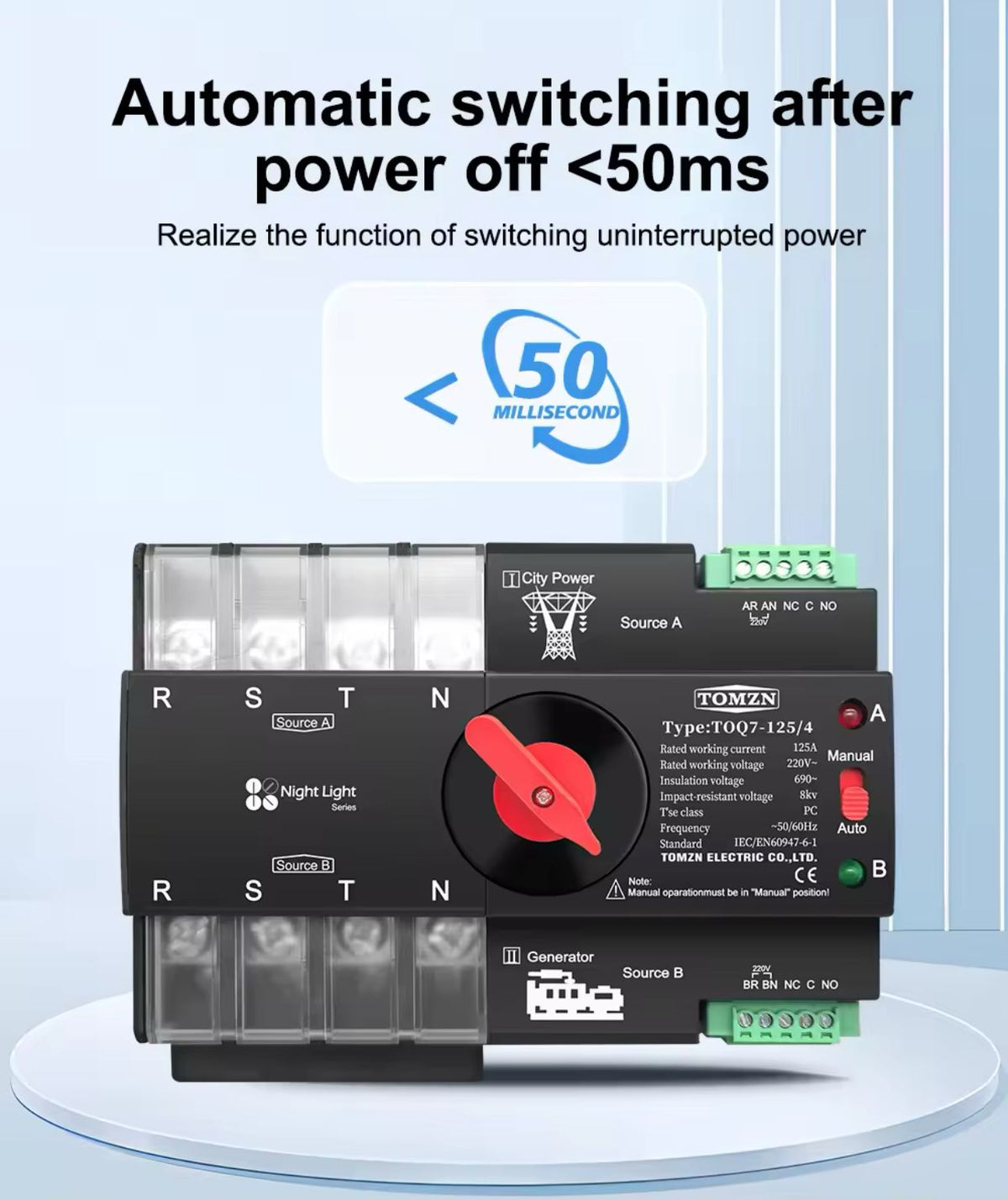 TOMZN TOQ7 ATS Dual Power Auto Transfer Switch 2P/4P 125A