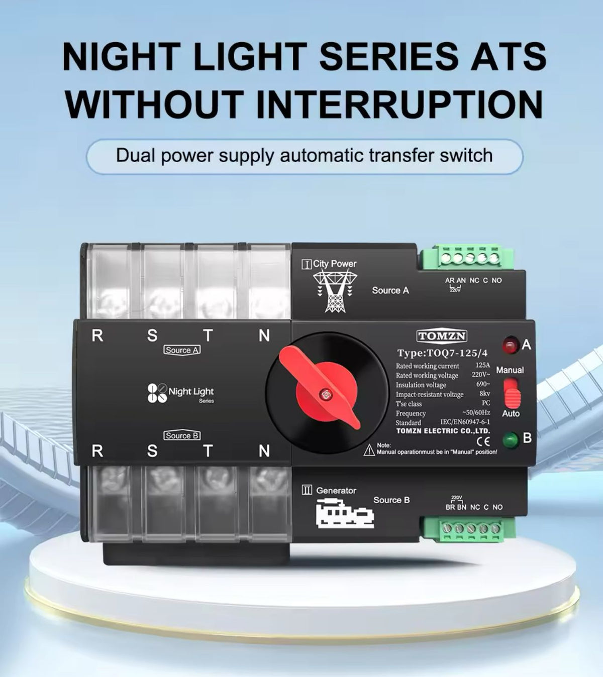 TOMZN TOQ7 ATS Dual Power Auto Transfer Switch 2P/4P 125A