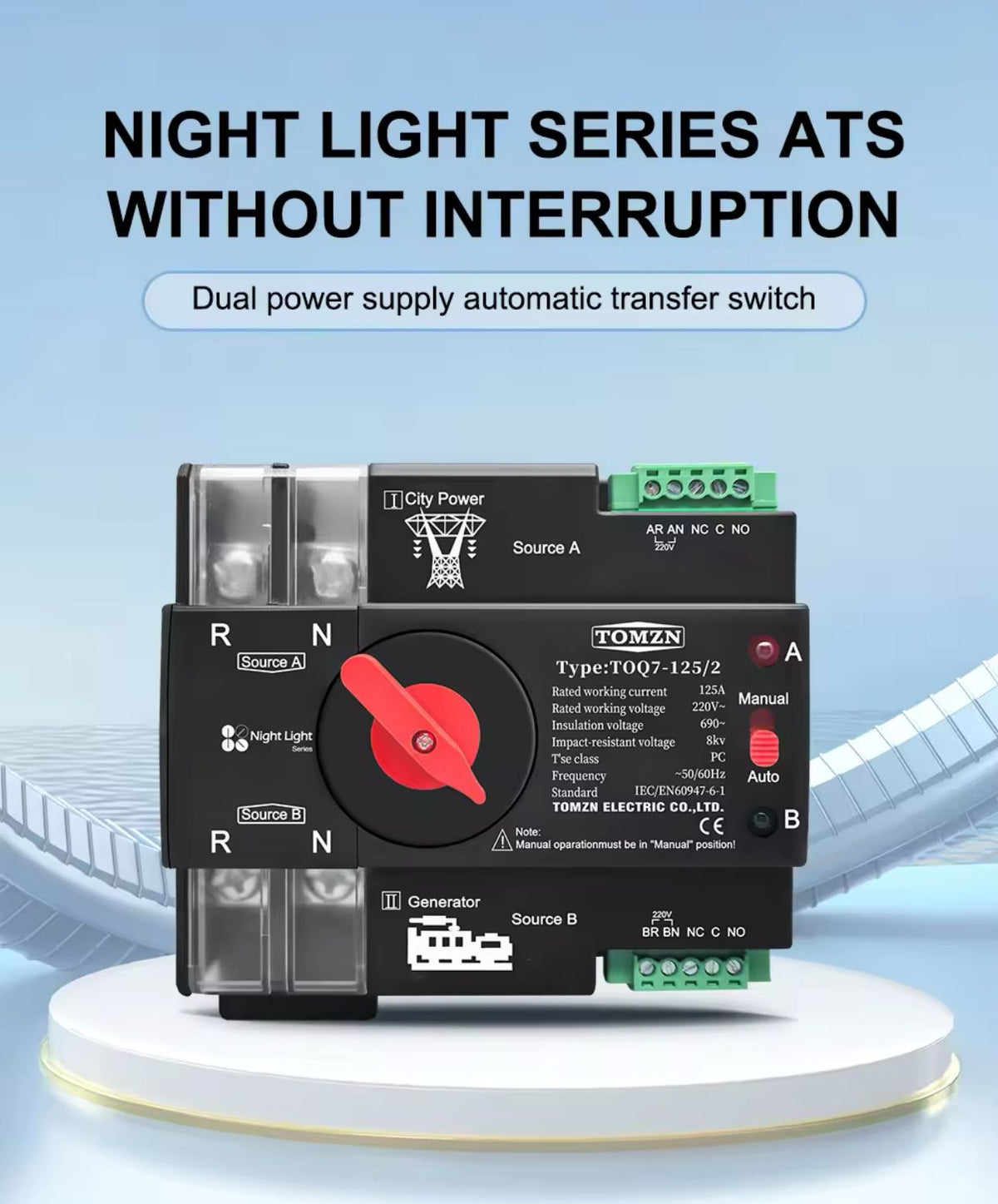 TOMZN TOQ7 ATS Dual Power Auto Transfer Switch 2P/4P 125A
